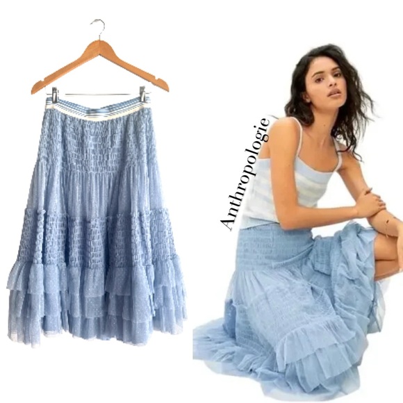 Anthropologie Maeve Tulle Skirt Swiss Dot ruffled midi with stripe elastic waist - Picture 2 of 10